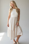 Sweet Adoration Taupe Striped Contrast Midi Dress
