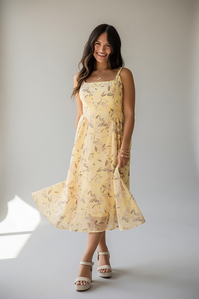 Tuscan Sunshine Yellow Floral Midi Dress
