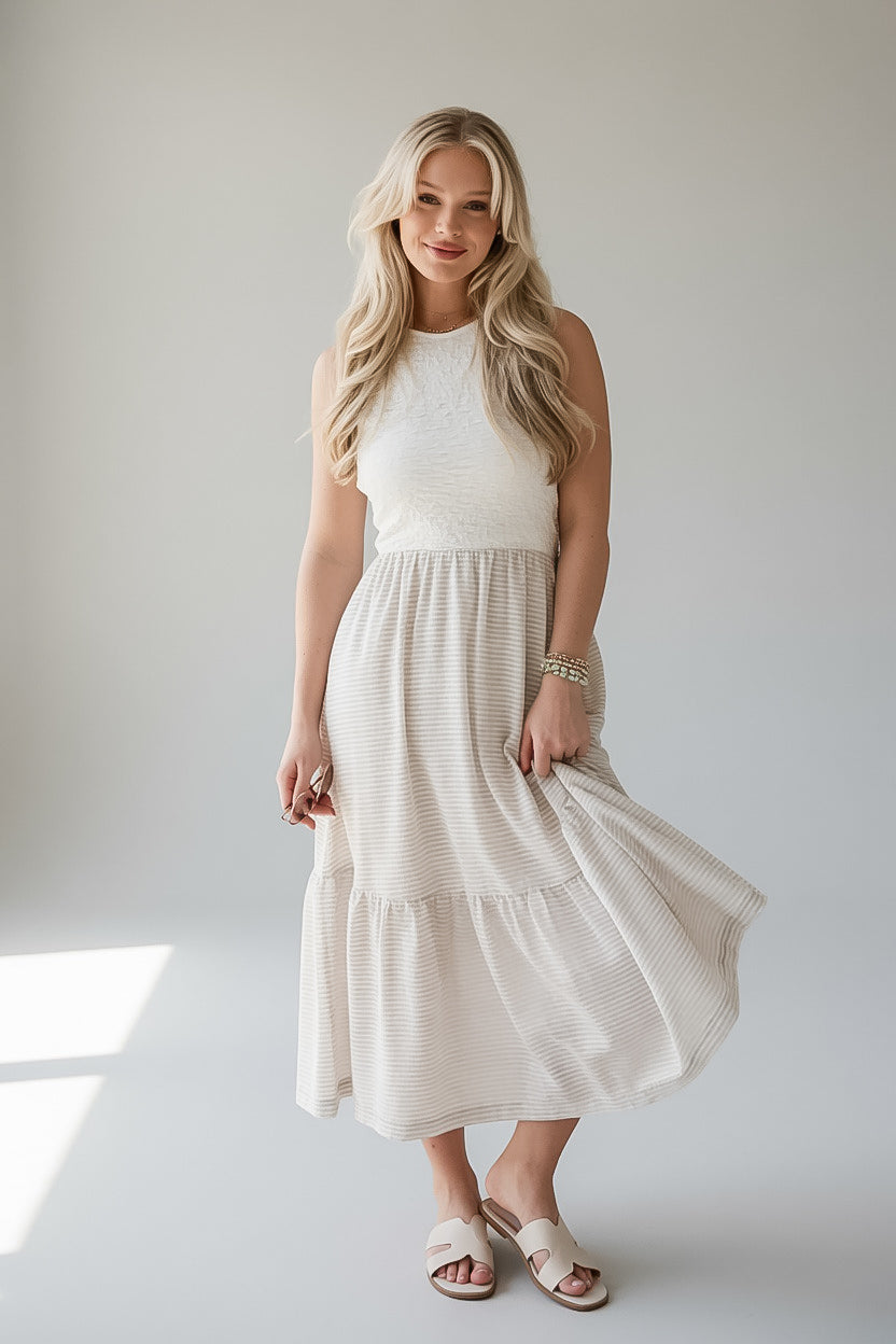 Sweet Adoration Taupe Striped Contrast Midi Dress