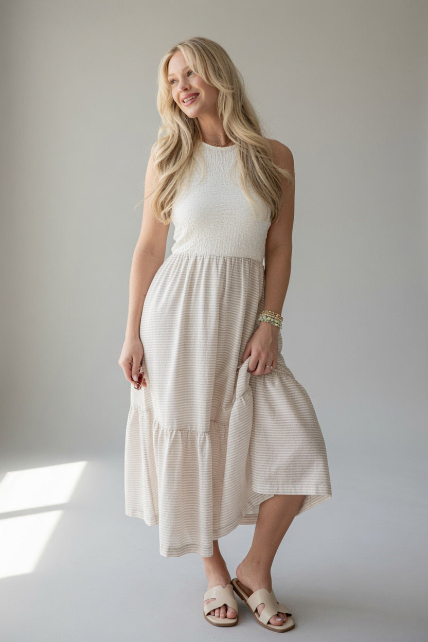 Sweet Adoration Taupe Striped Contrast Midi Dress