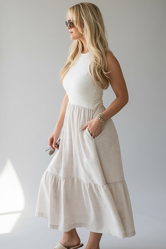Sweet Adoration Taupe Striped Contrast Midi Dress