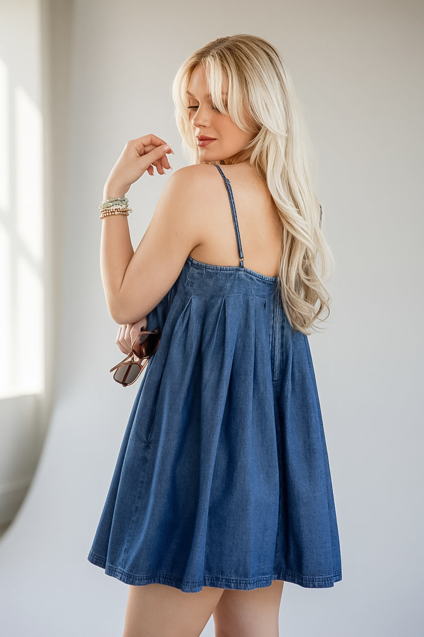 The Sweet Mood Denim Pleated Mini Dress