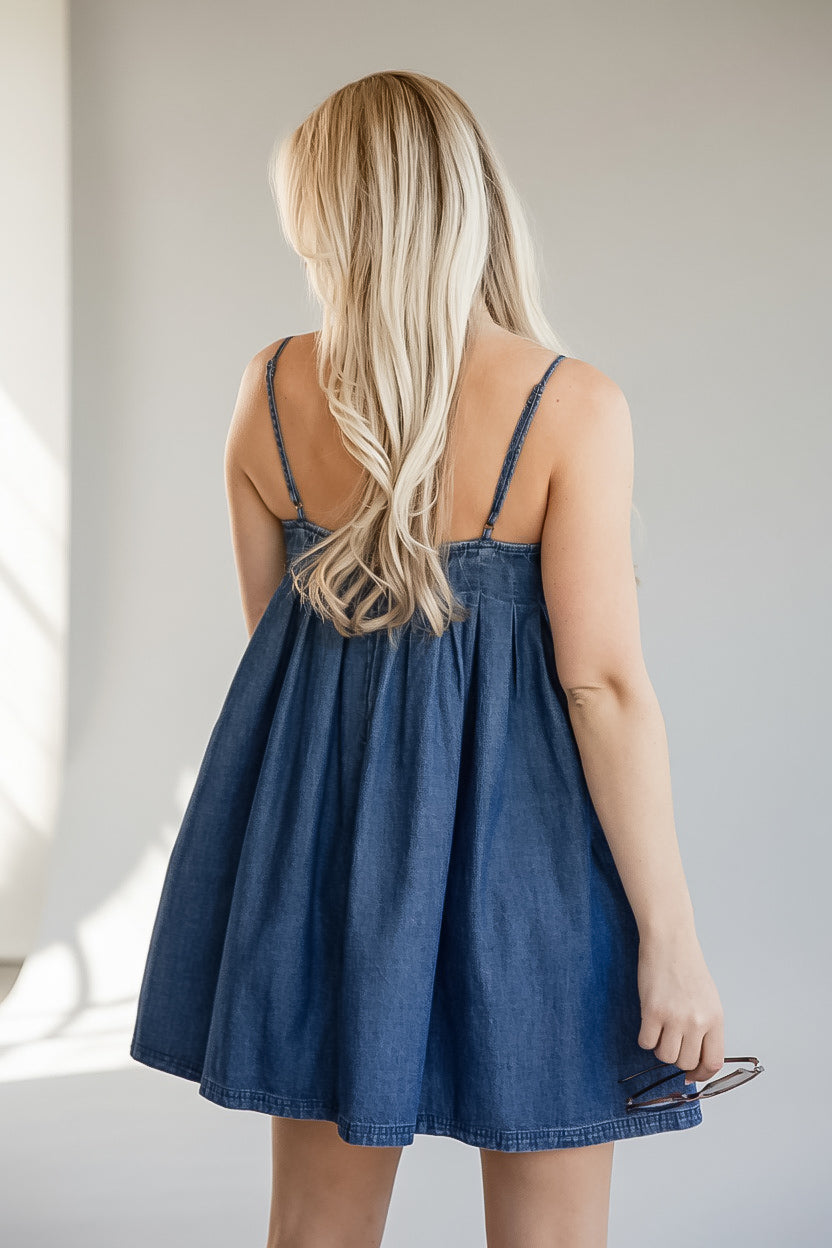 The Sweet Mood Denim Pleated Mini Dress