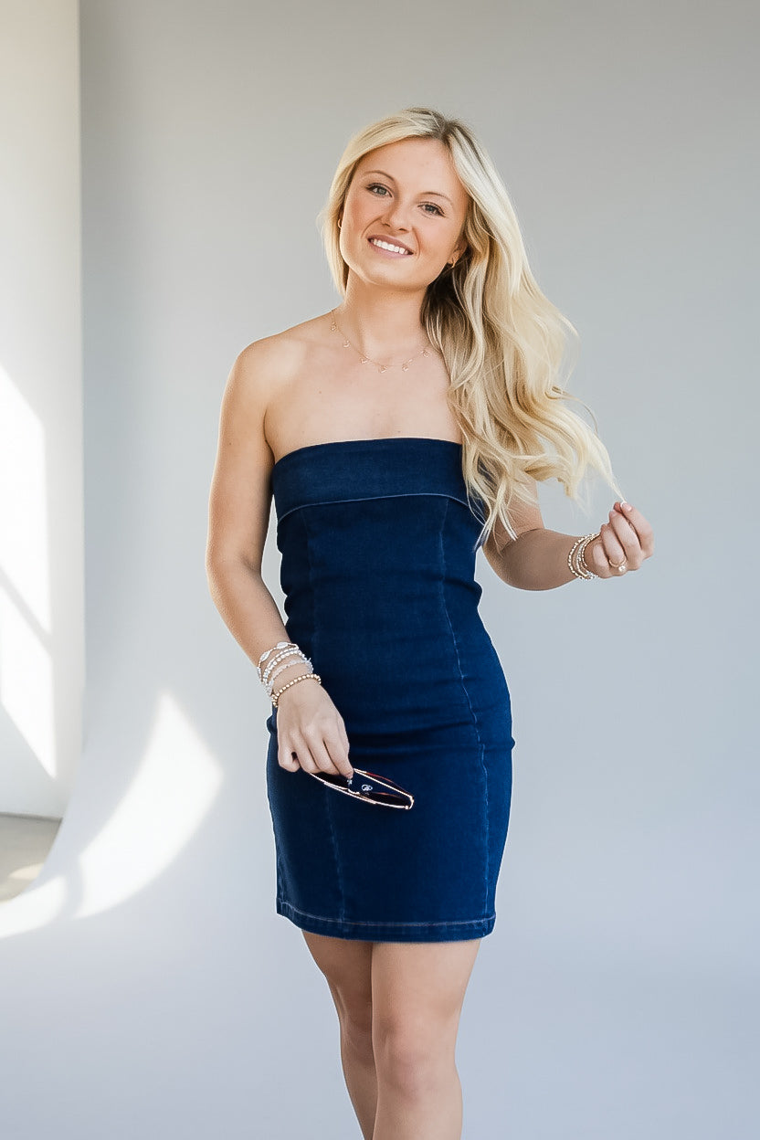 See You Soon Strapless Denim Mini Dress