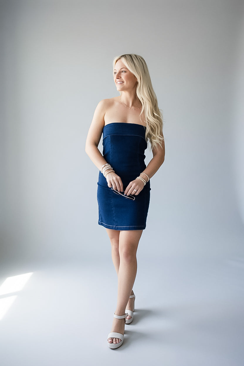 See You Soon Strapless Denim Mini Dress