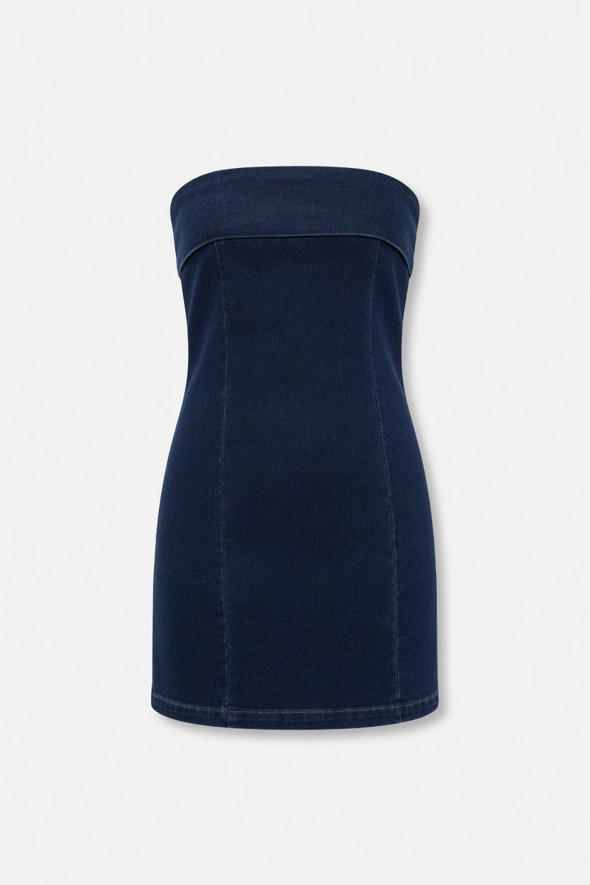 See You Soon Strapless Denim Mini Dress