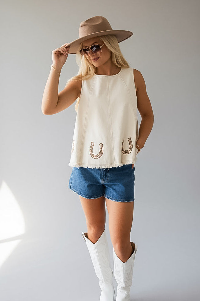 Lucky Trails Cream Embroidered Tank