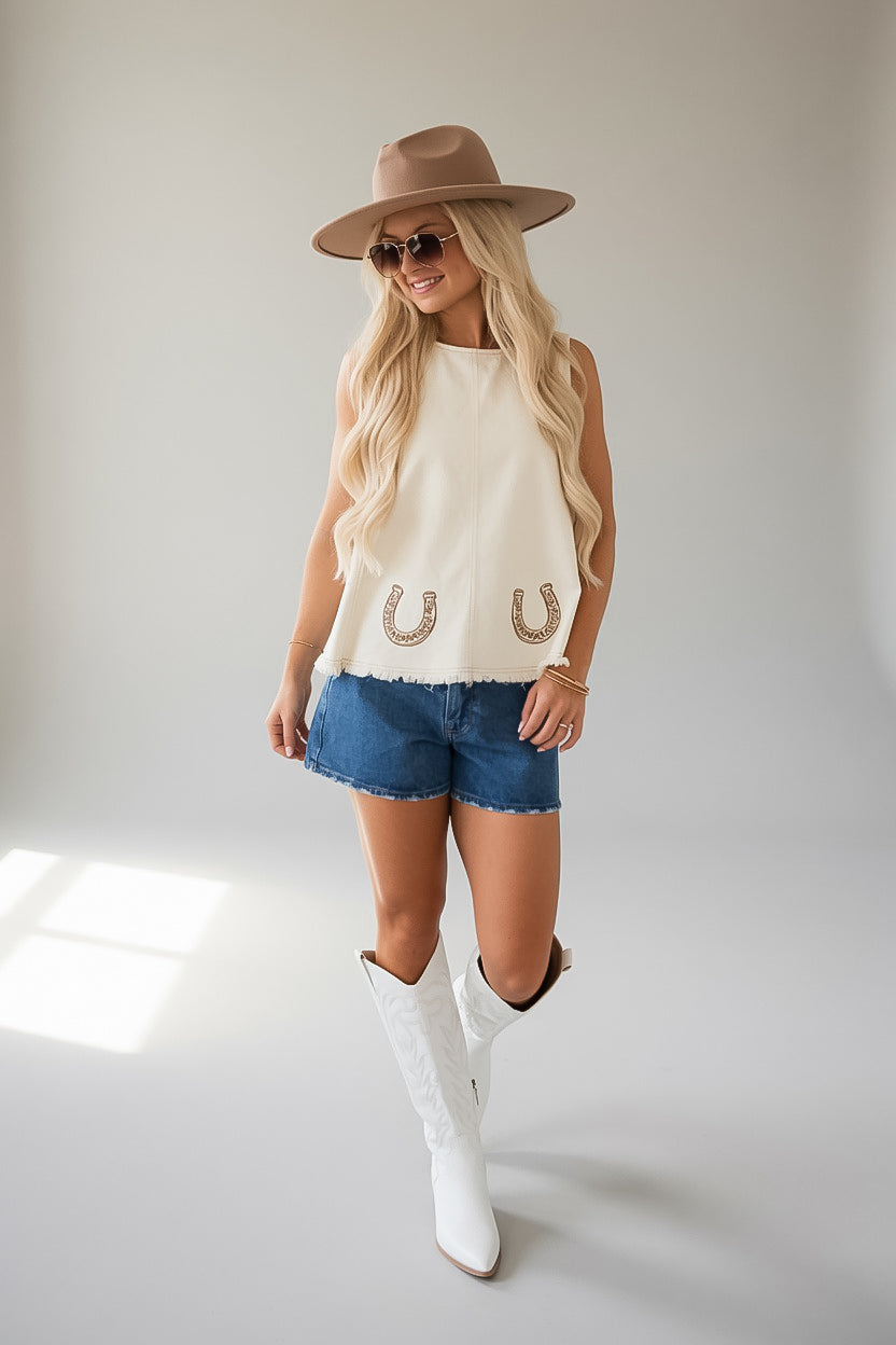 Lucky Trails Cream Embroidered Tank