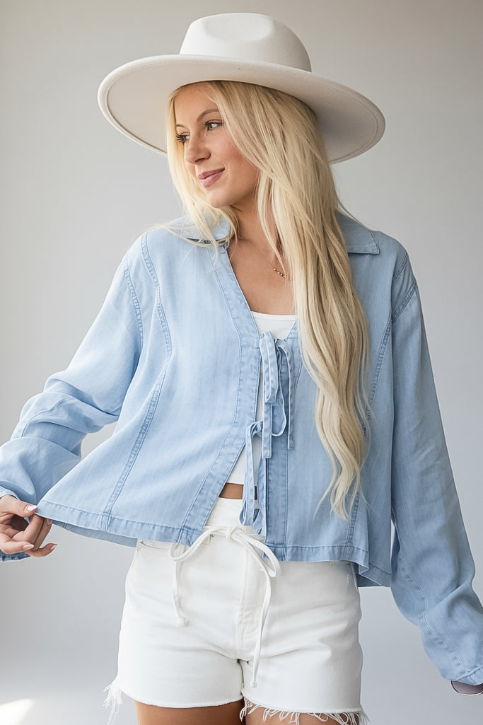 The Latest Tie-Front Lightweight Denim Blouse