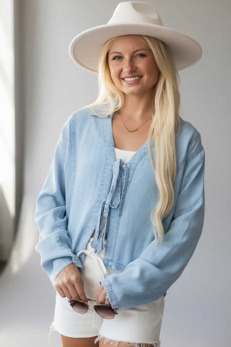 The Latest Tie-Front Lightweight Denim Blouse
