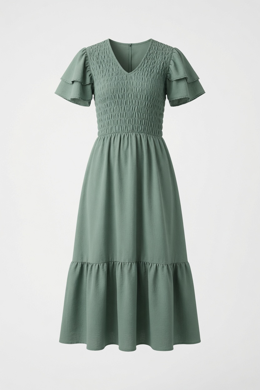 She Means Business Sage Smocked Midi Dress