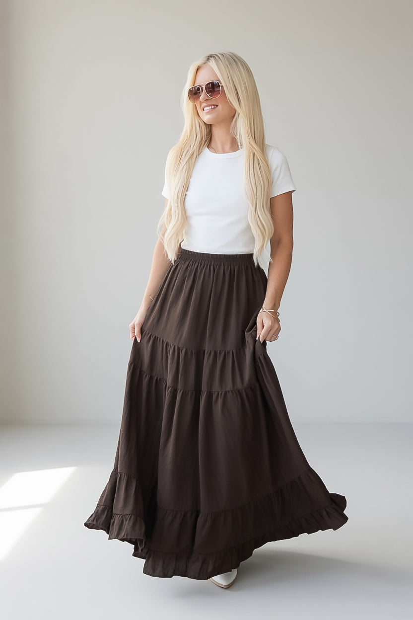 Maple Street Dark Olive Tiered Maxi Skirt
