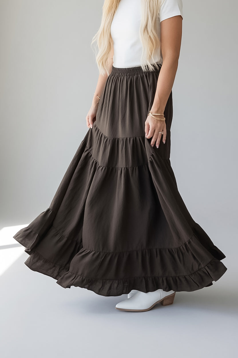 Maple Street Dark Olive Tiered Maxi Skirt