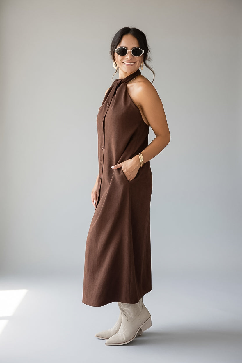 Autumn Stroll Brown Button Front Midi Dress