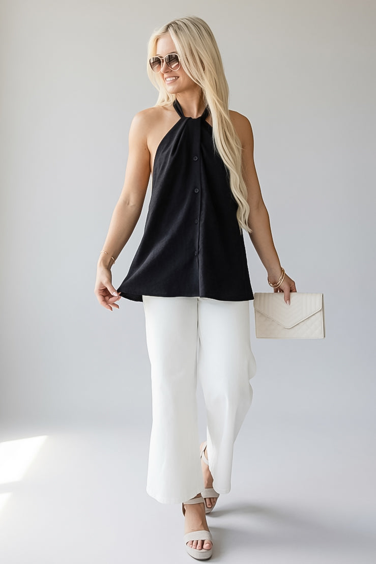 Simply Sophisticated Black Button-Up Halter Tank