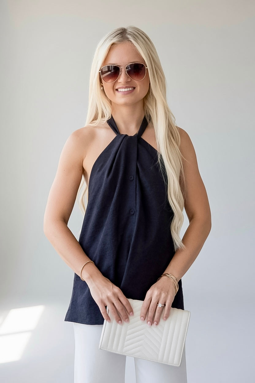 Simply Sophisticated Black Button-Up Halter Tank