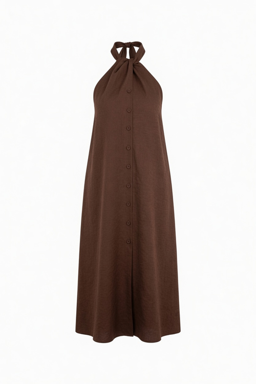 Autumn Stroll Brown Button Front Midi Dress