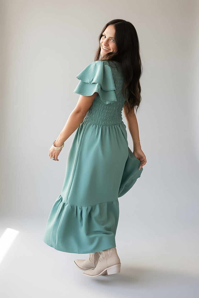 She Means Business Sage Smocked Midi Dress