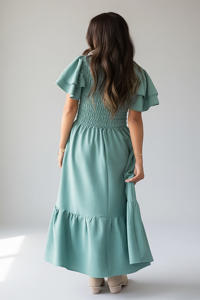 She Means Business Sage Smocked Midi Dress