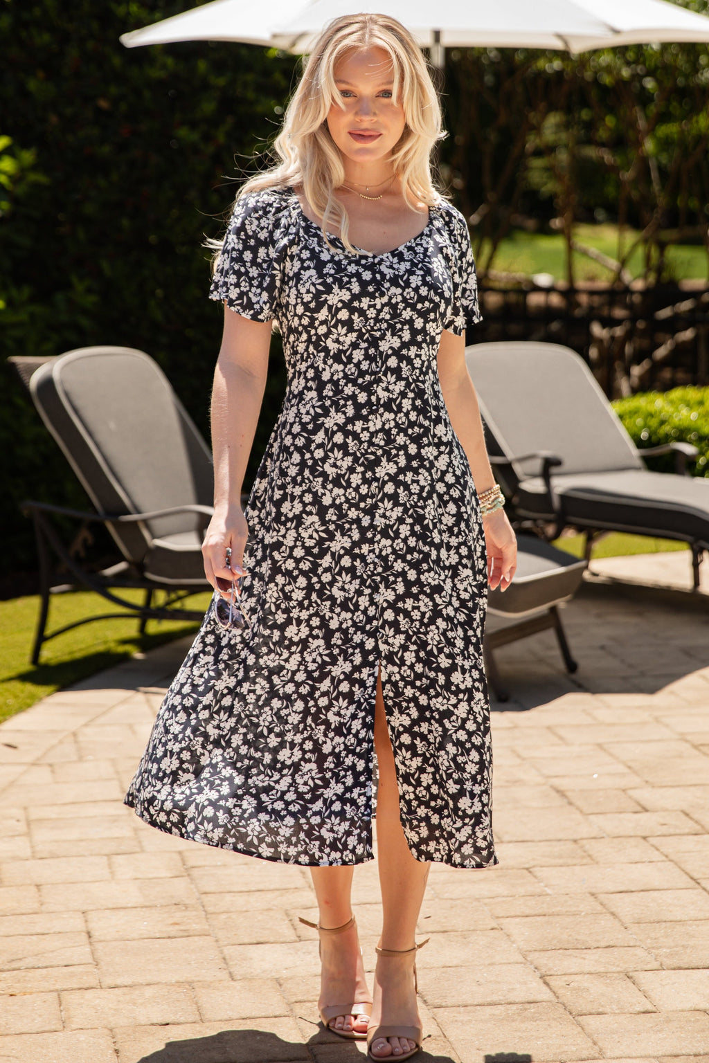 Midnight Meadow Floral Black Midi Dress