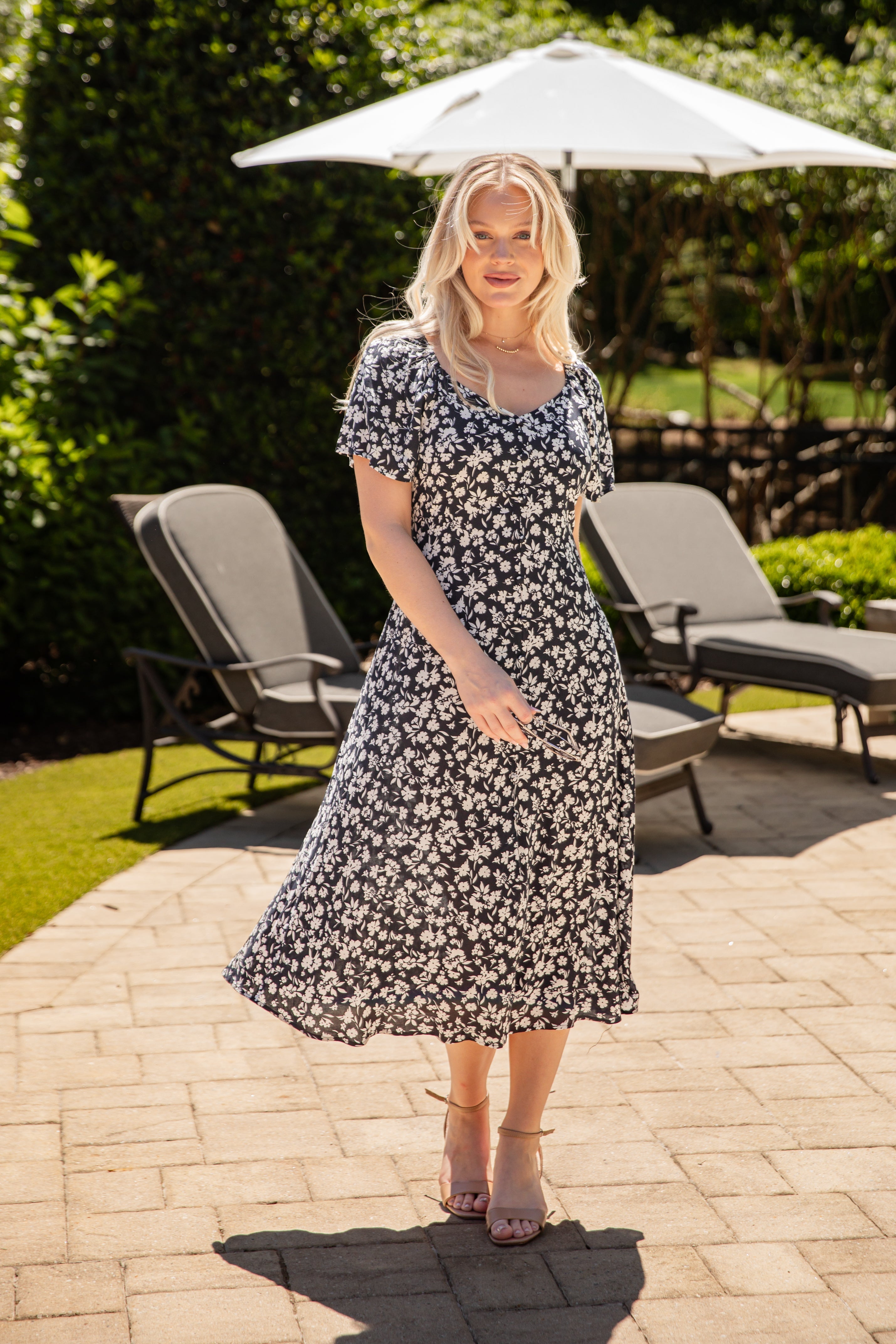 Midnight Meadow Floral Black Midi Dress