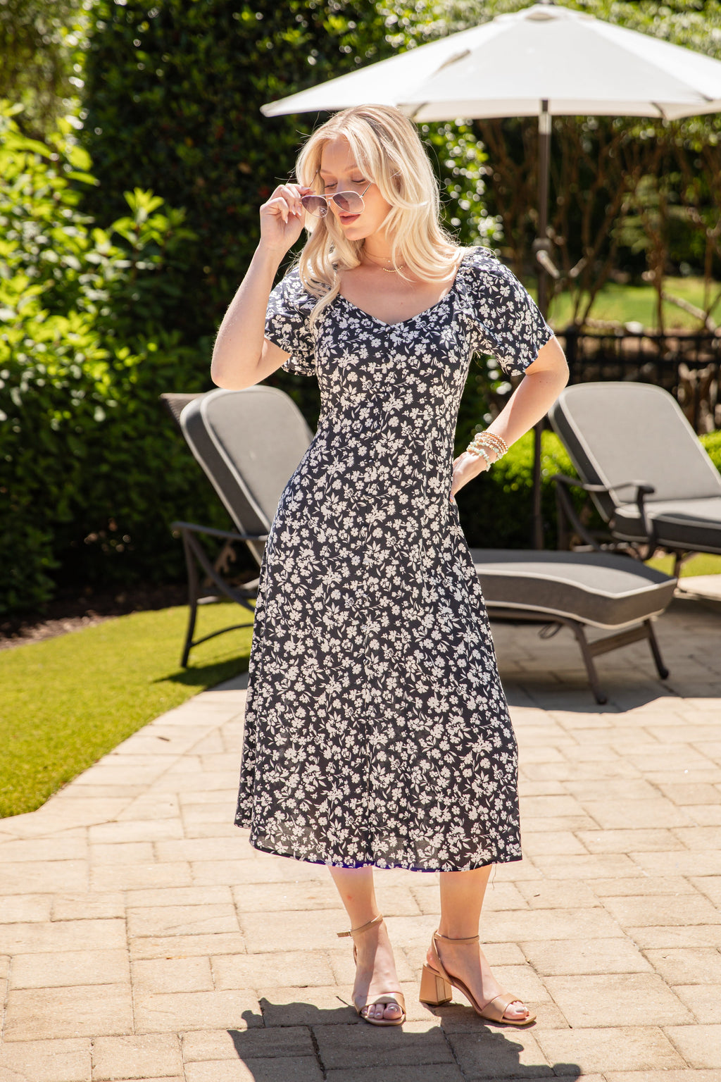 Midnight Meadow Floral Black Midi Dress