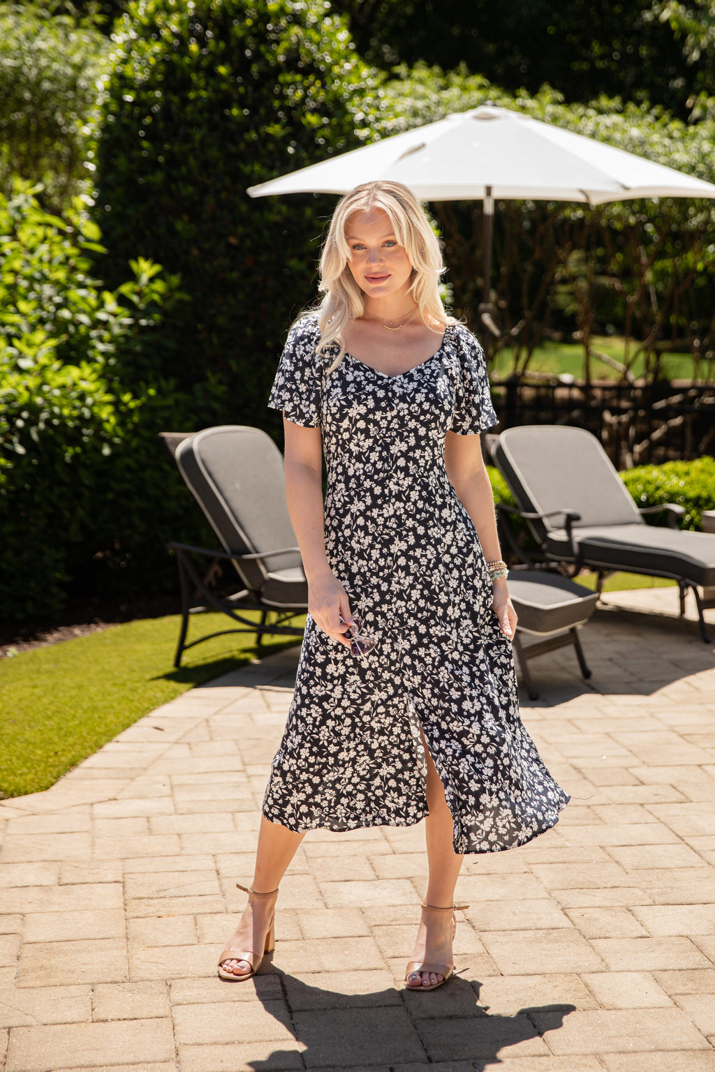 Midnight Meadow Floral Black Midi Dress