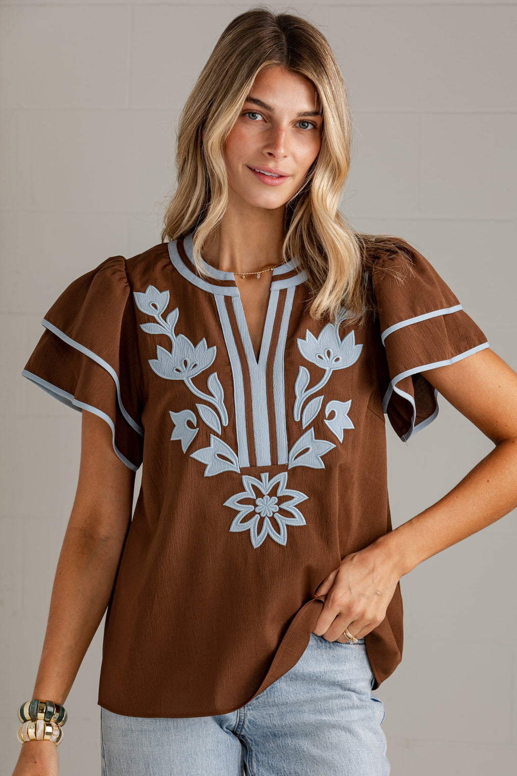 Golden Prairie Brown Embroidered Top