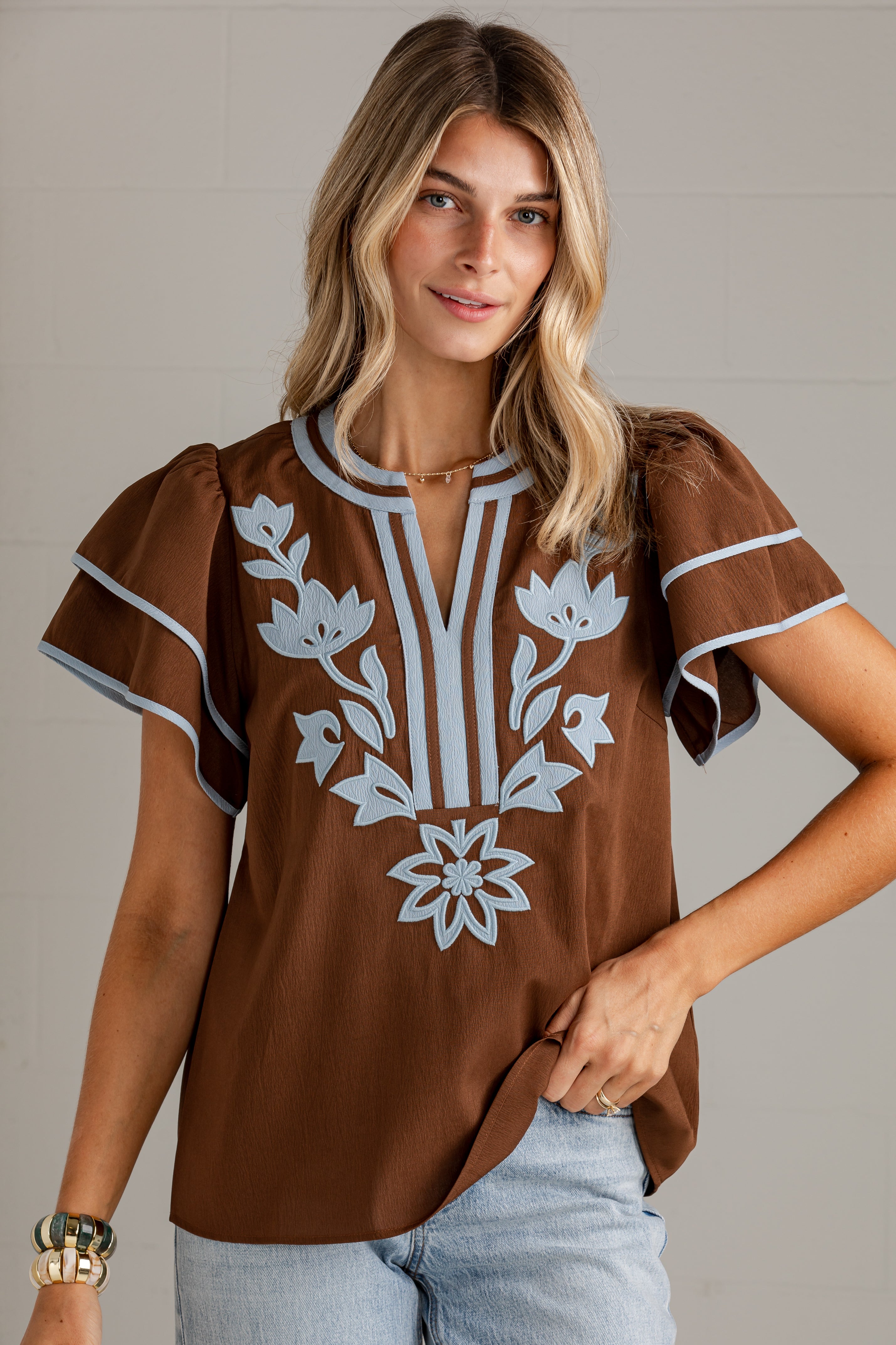 Golden Prairie Brown Embroidered Top