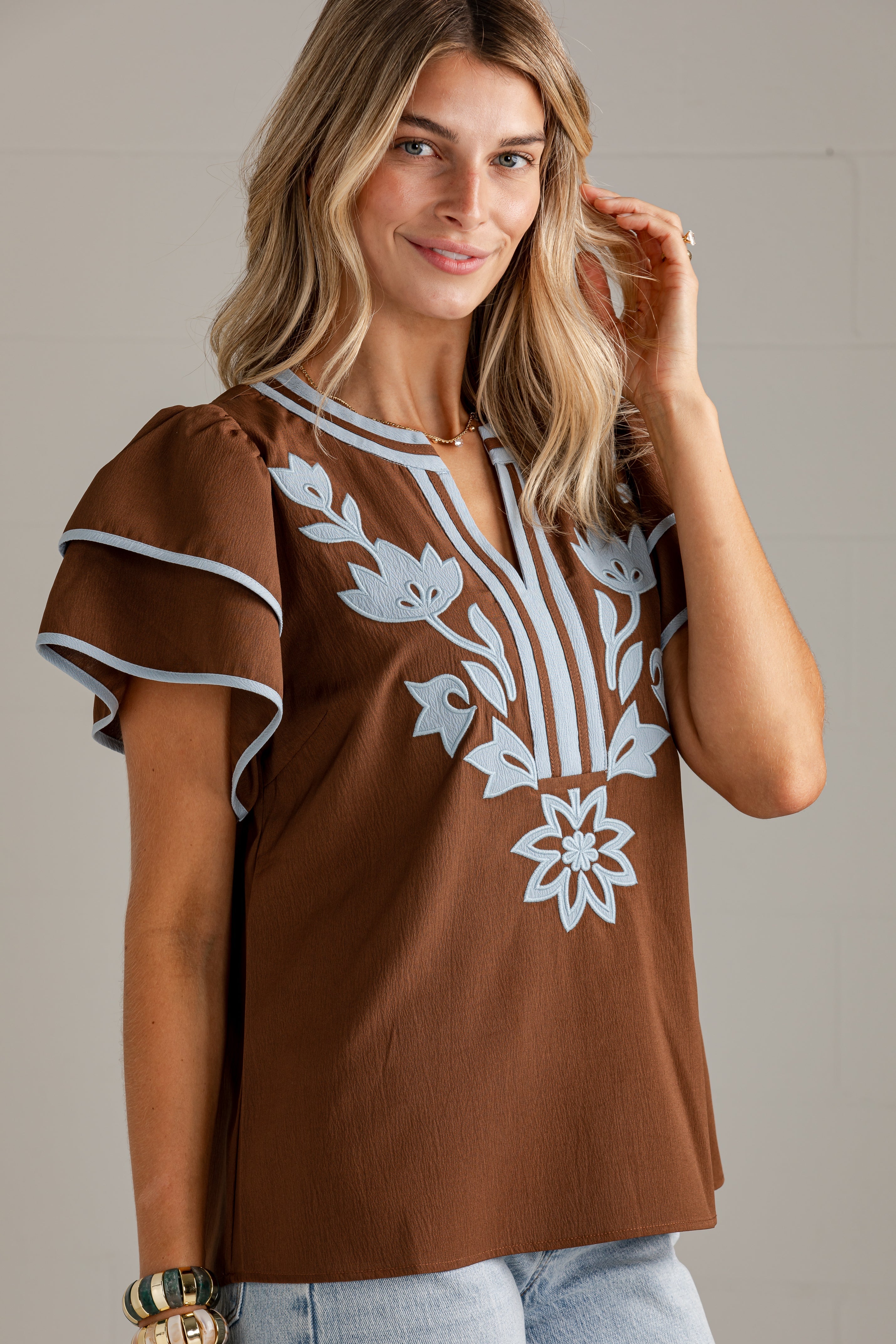 Golden Prairie Brown Embroidered Top