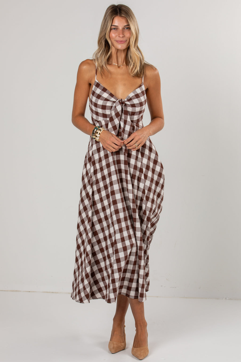 Countryside Stroll Gingham Brown Midi Dress