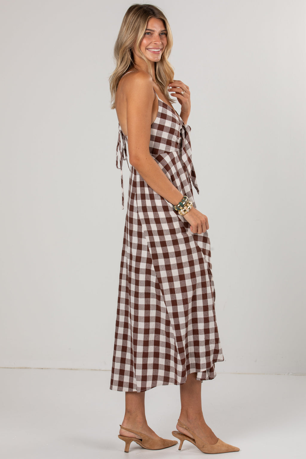 Countryside Stroll Gingham Brown Midi Dress