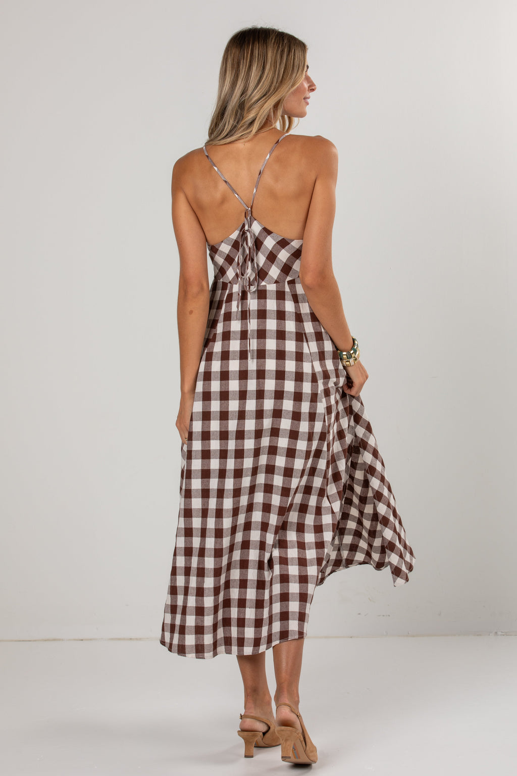 Countryside Stroll Gingham Brown Midi Dress