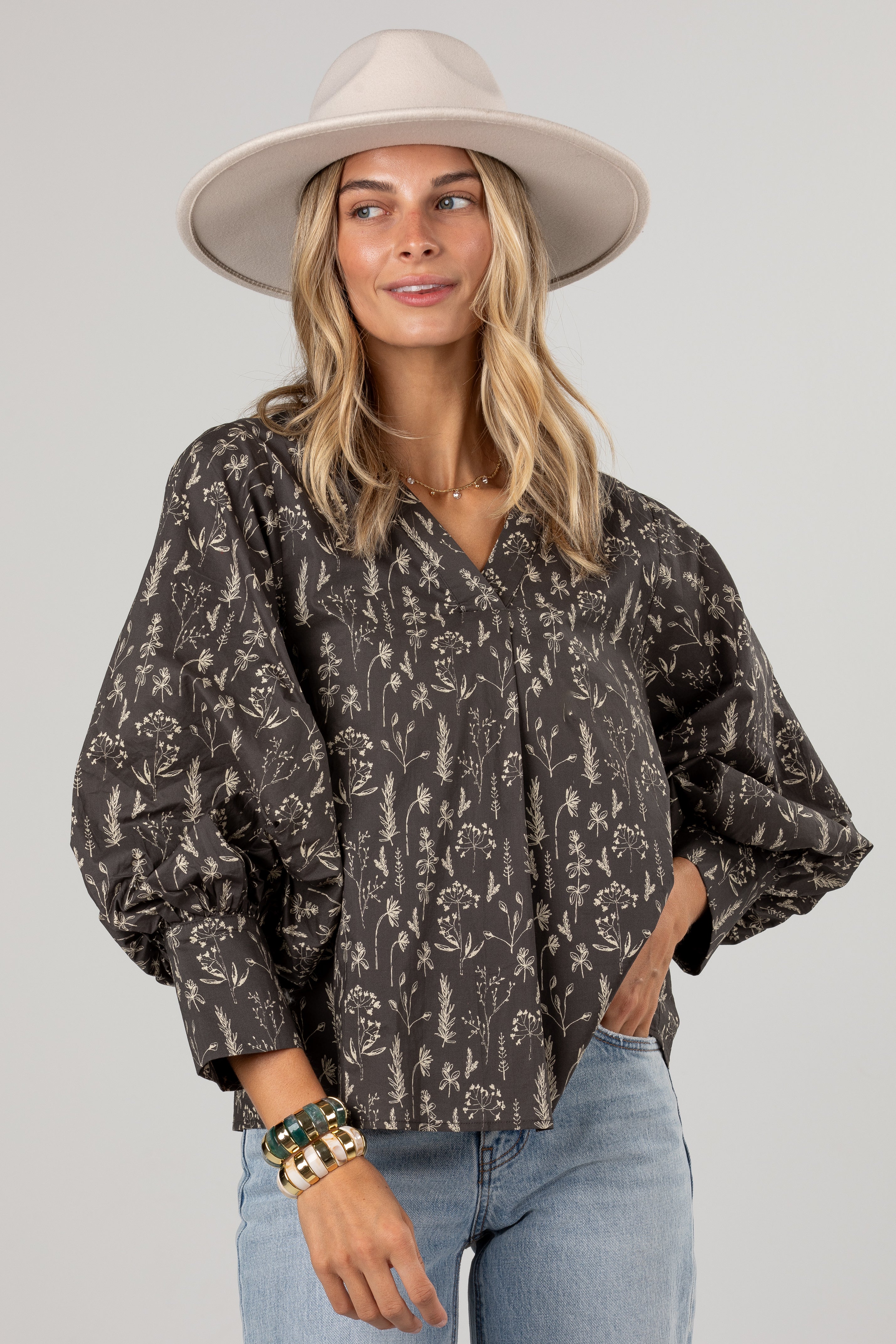 Quite The Look Charcoal Floral Blouse