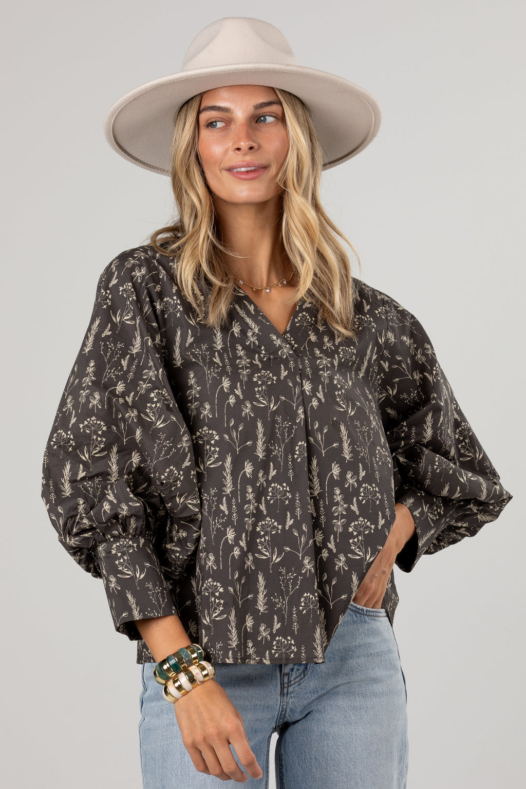 Quite The Look Charcoal Floral Blouse