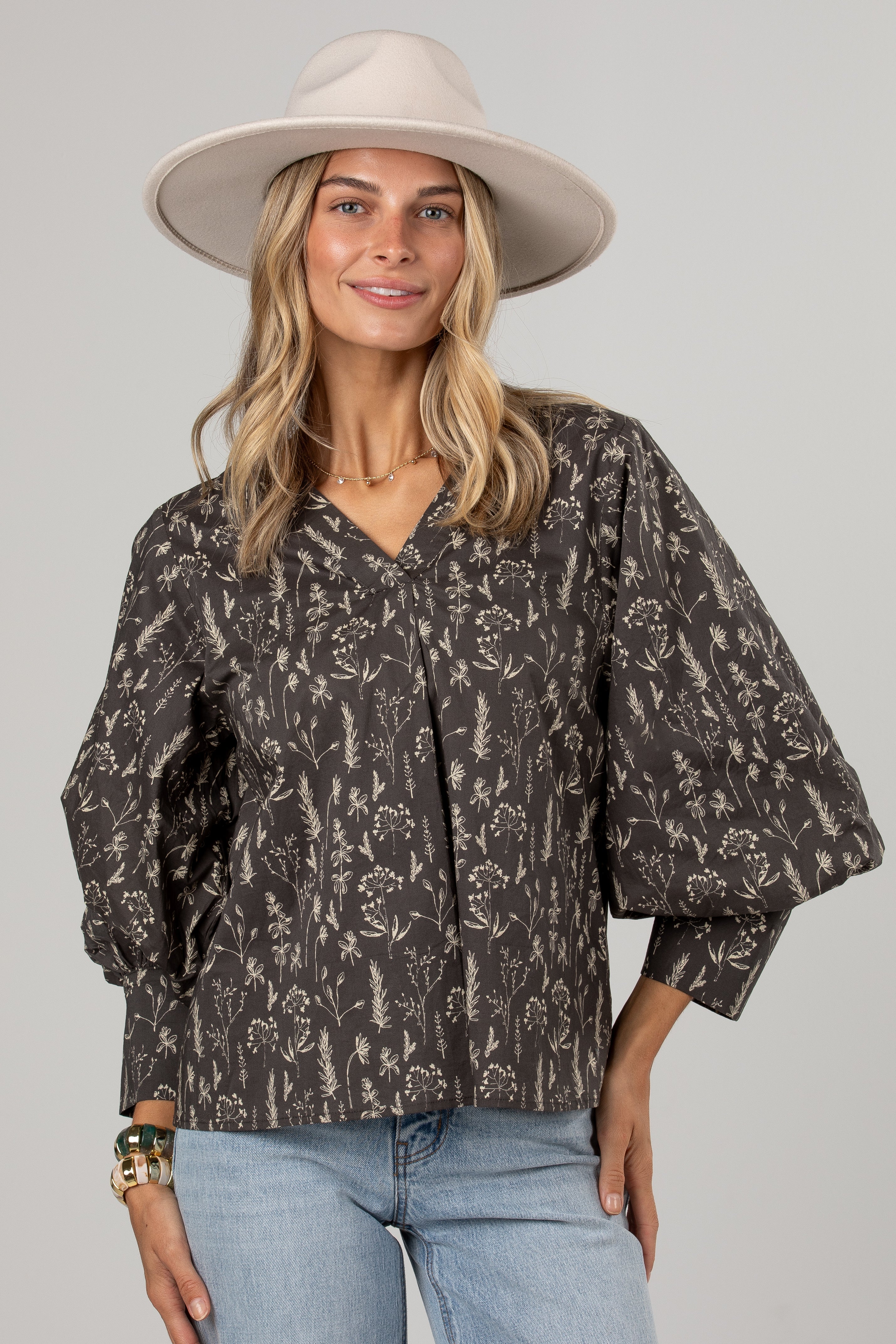 Quite The Look Charcoal Floral Blouse