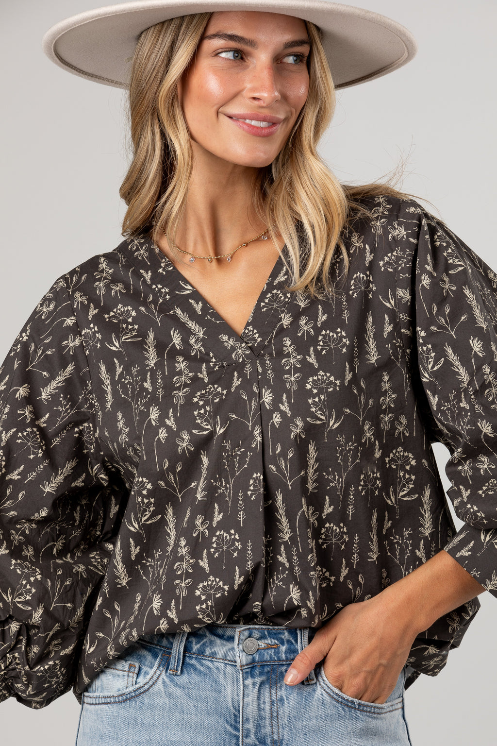 Quite The Look Charcoal Floral Blouse