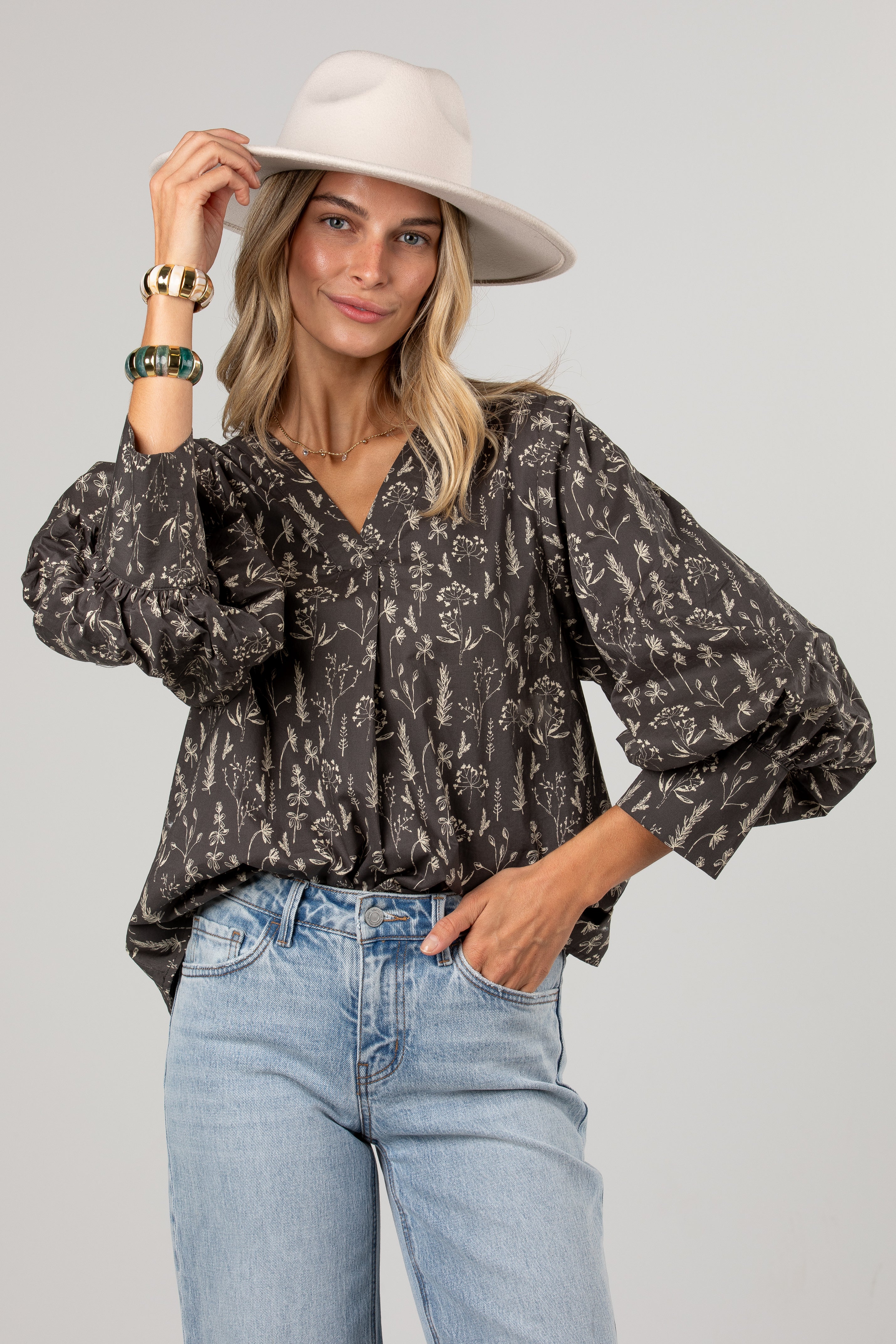 Quite The Look Charcoal Floral Blouse