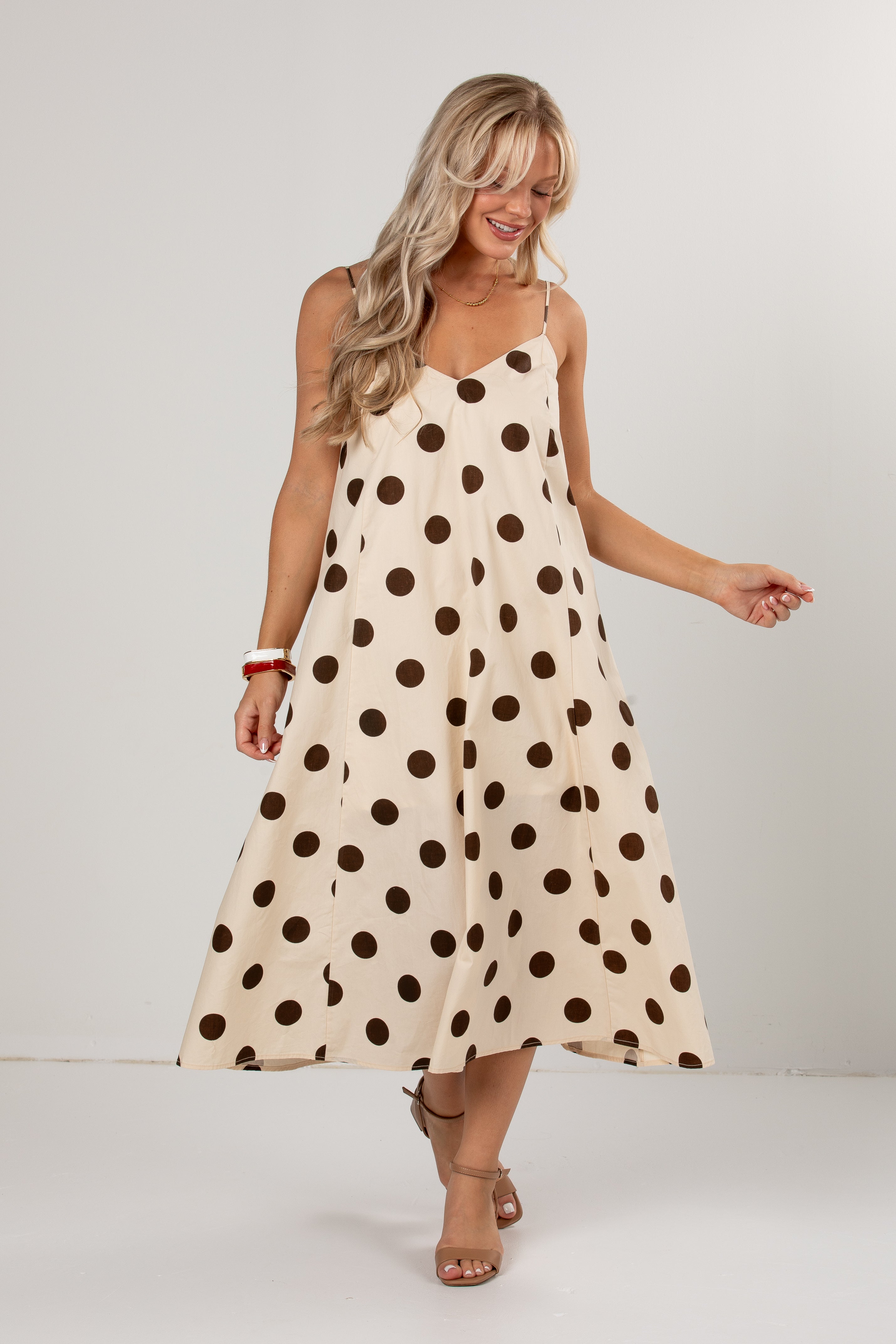 Evening Espresso Cream Polka Dot Midi Dress