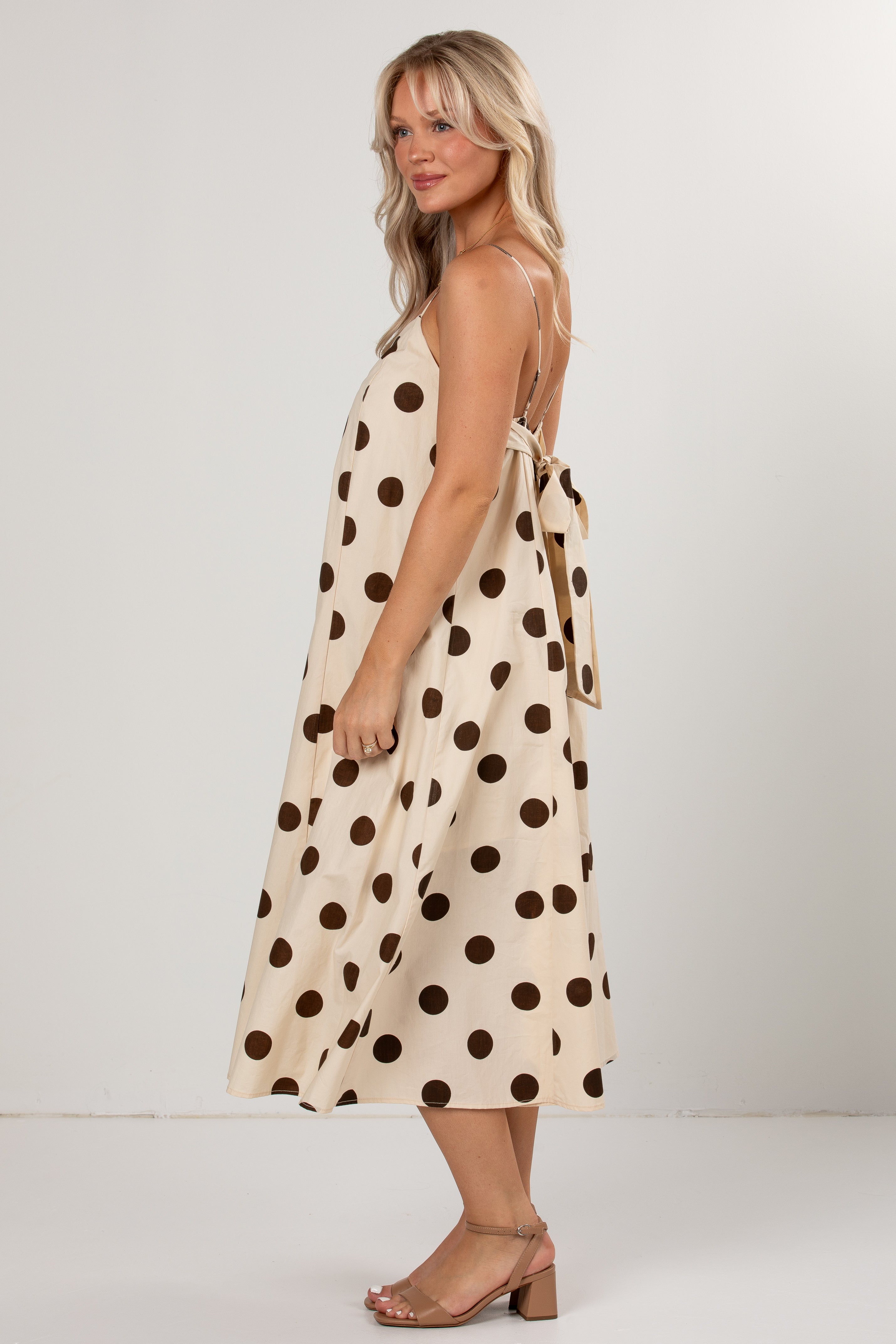Evening Espresso Cream Polka Dot Midi Dress