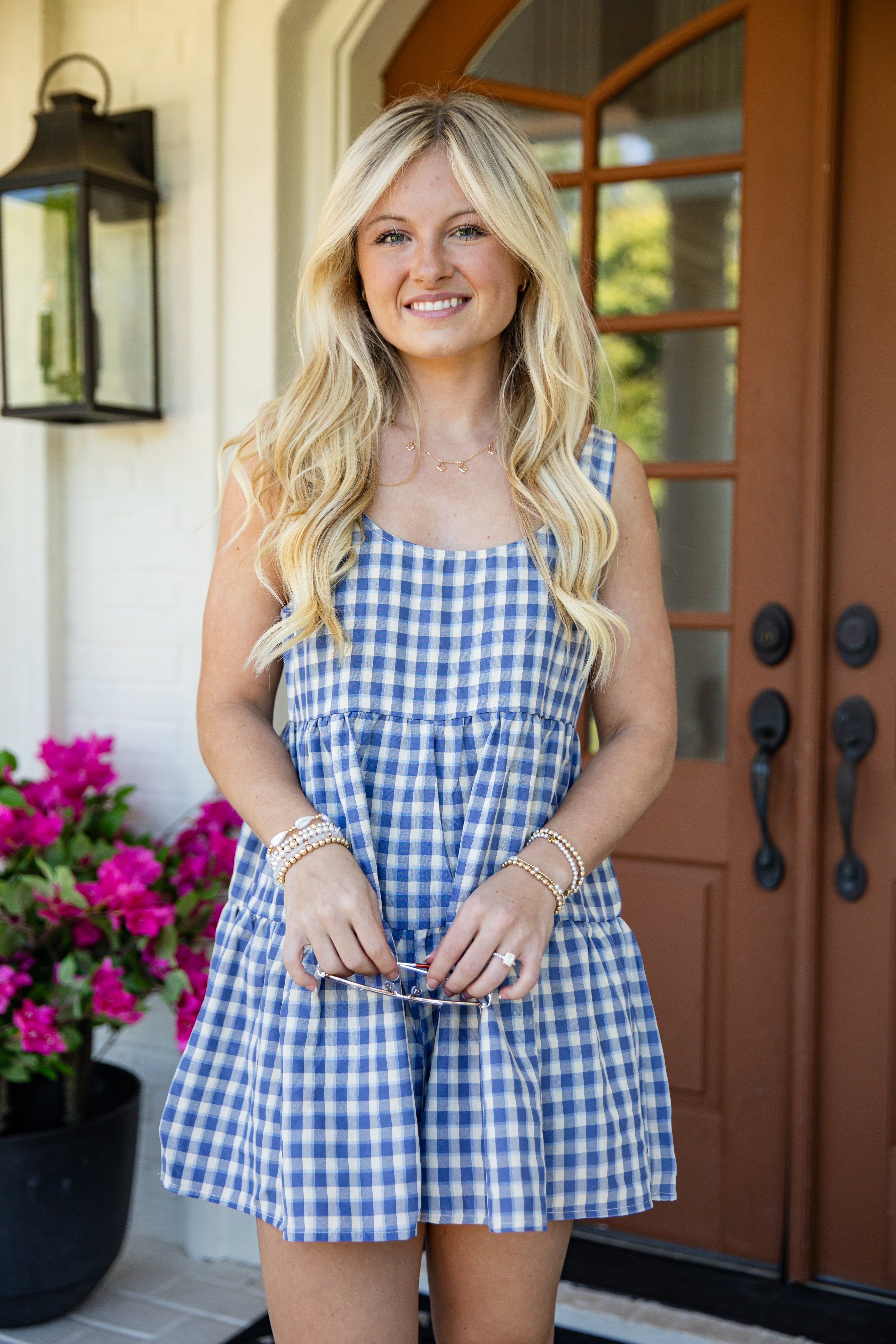 Fields of Grace Denim Blue Gingham Romper