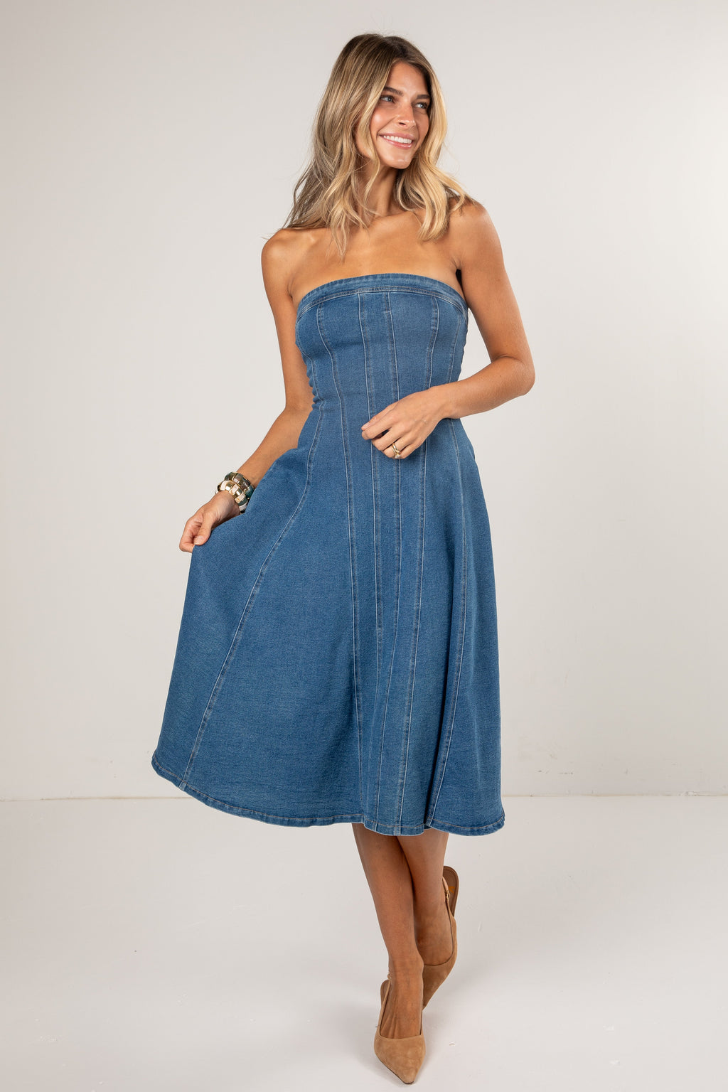 Perfectly Blue Denim Pleated Midi Dress