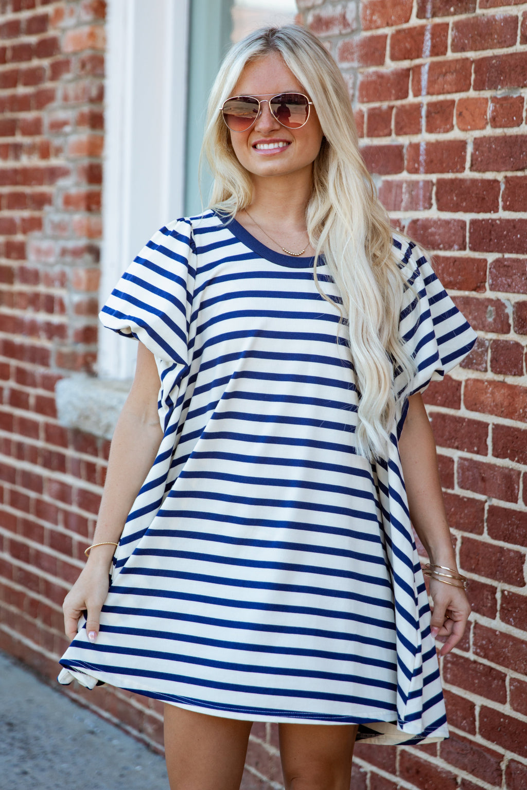 Sweet Seasons Striped Puff Sleeve Mini Dress