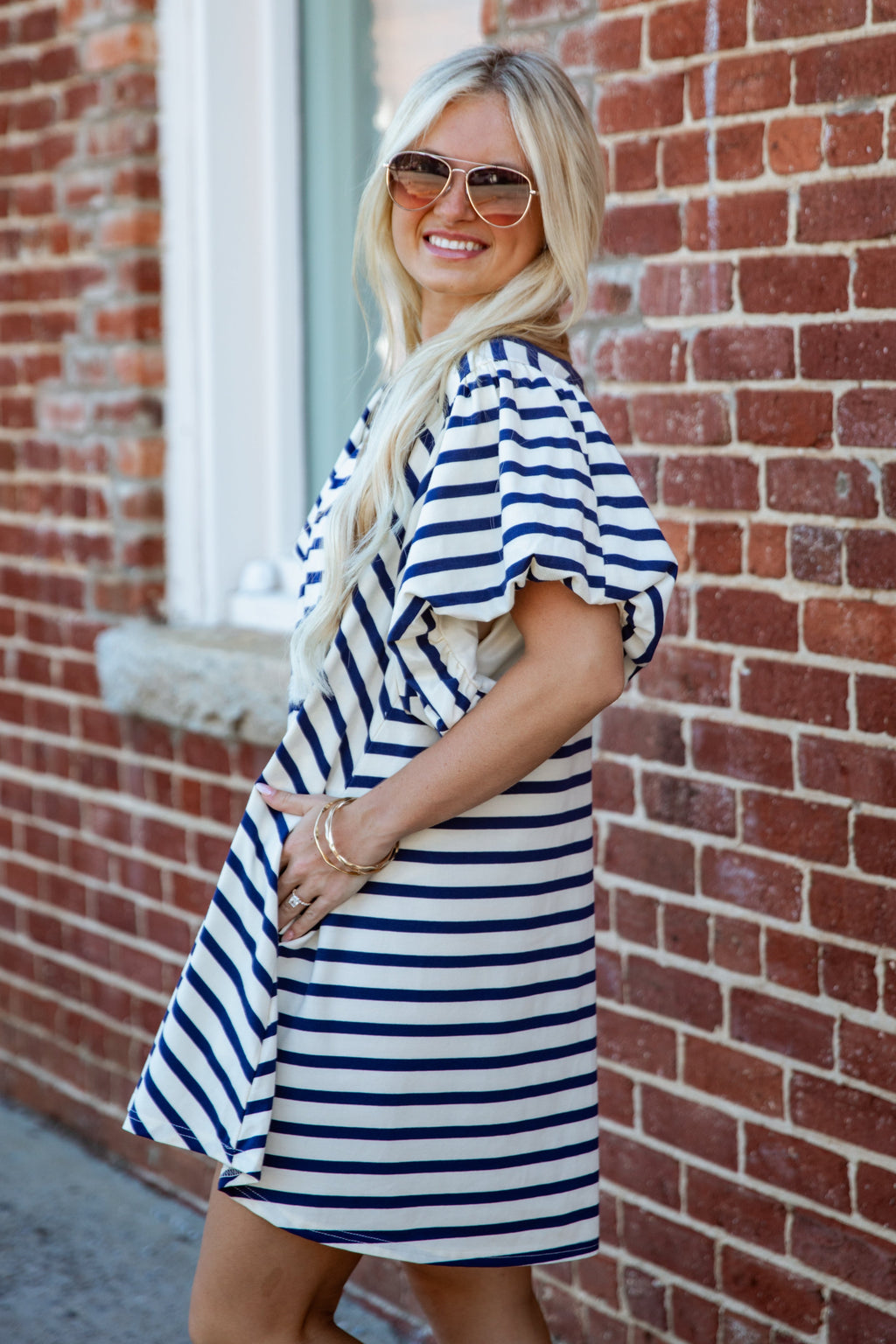 Sweet Seasons Striped Puff Sleeve Mini Dress