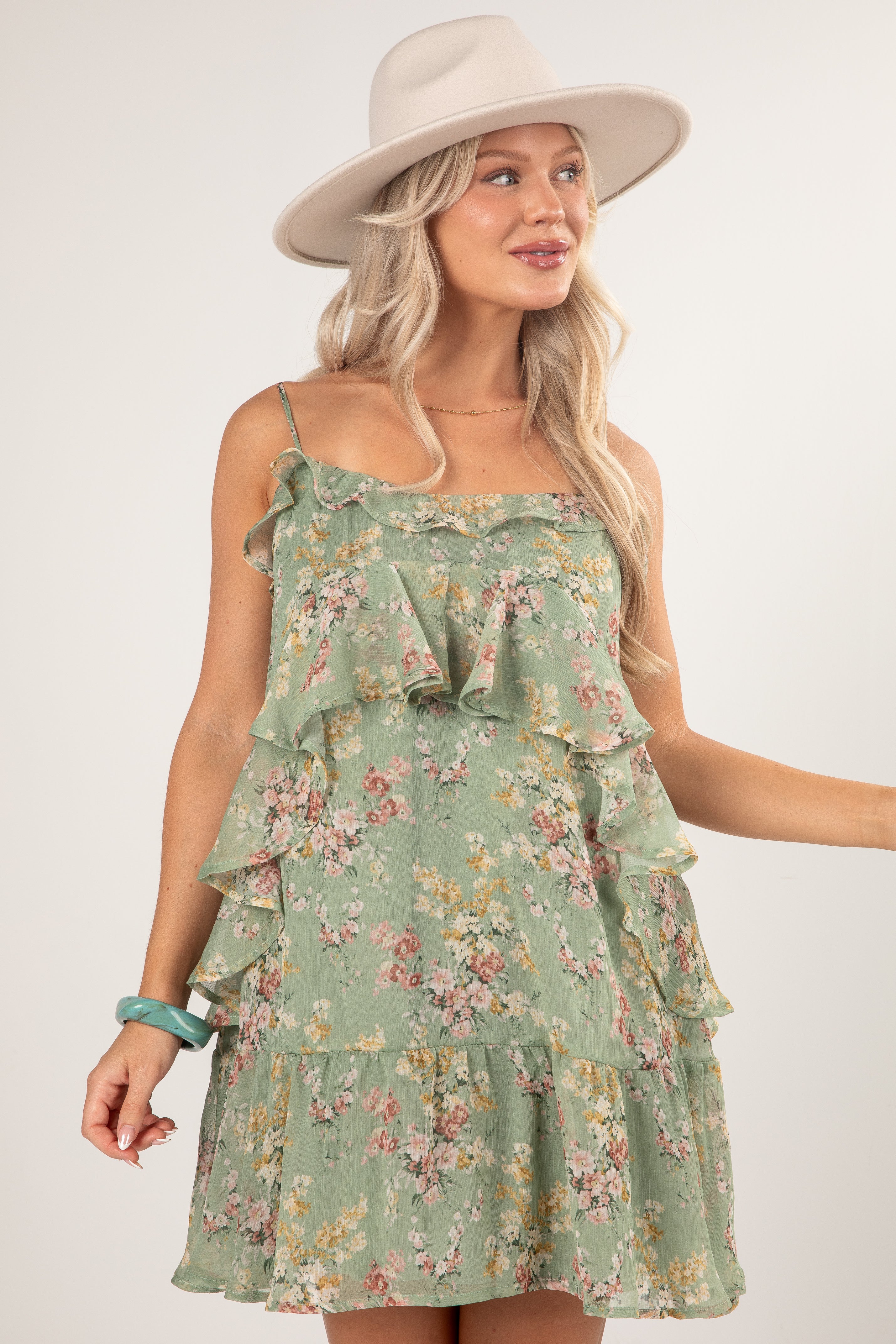 Falling Petals Sage Tiered Mini Dress