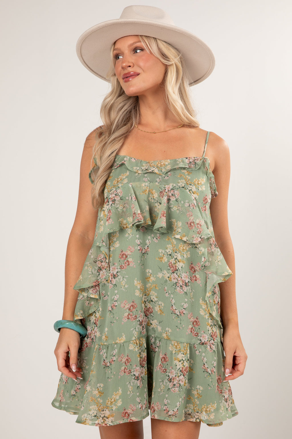 Falling Petals Sage Tiered Mini Dress