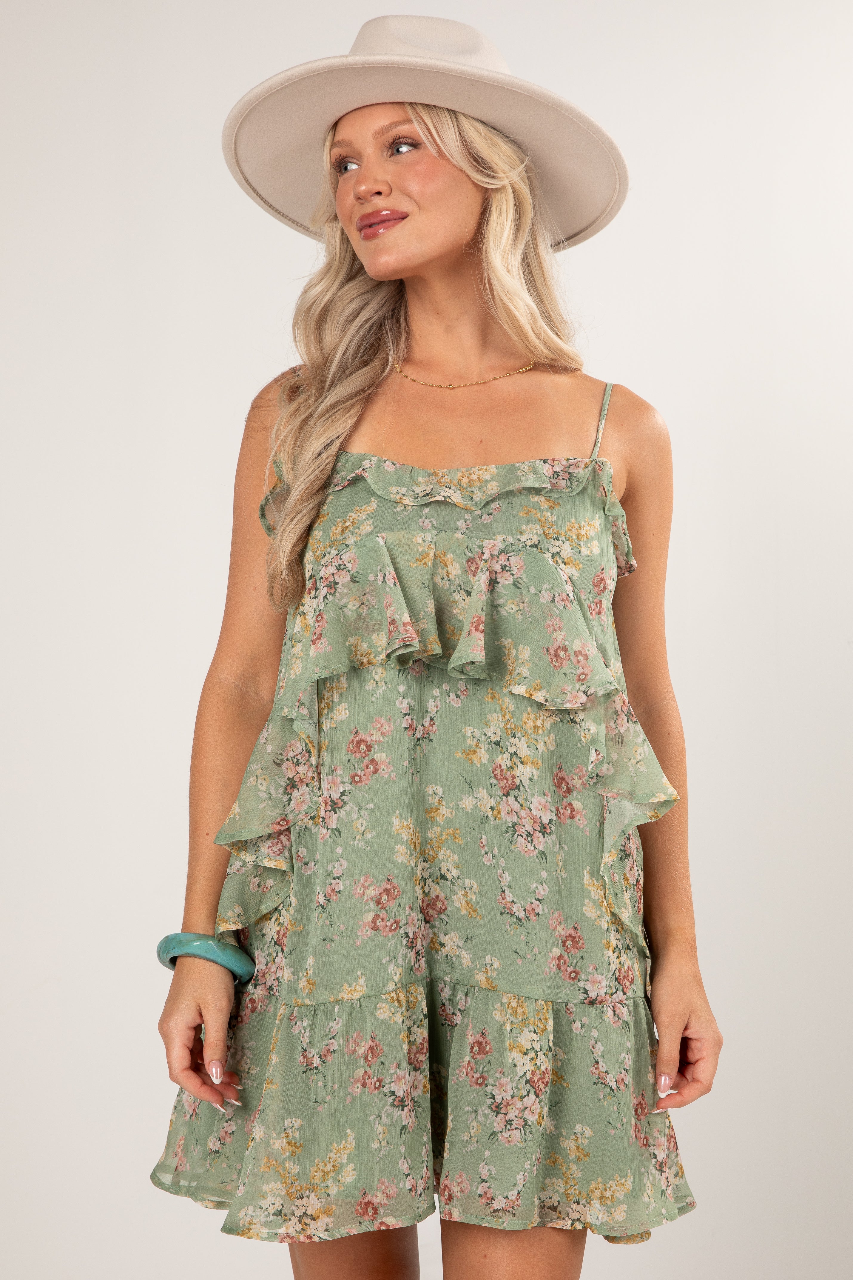 Falling Petals Sage Tiered Mini Dress