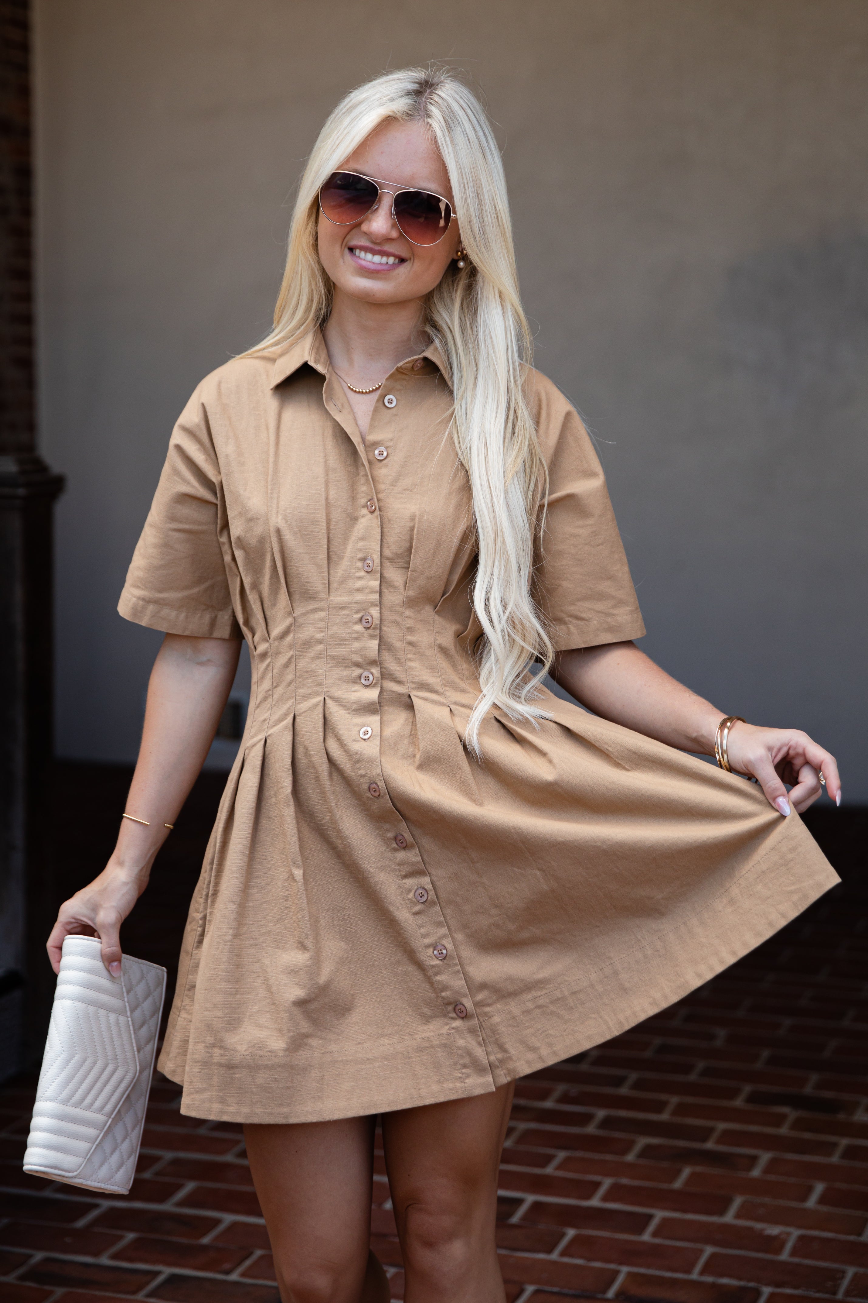Chestnut Lane Taupe Button-Up Pleated Mini Dress