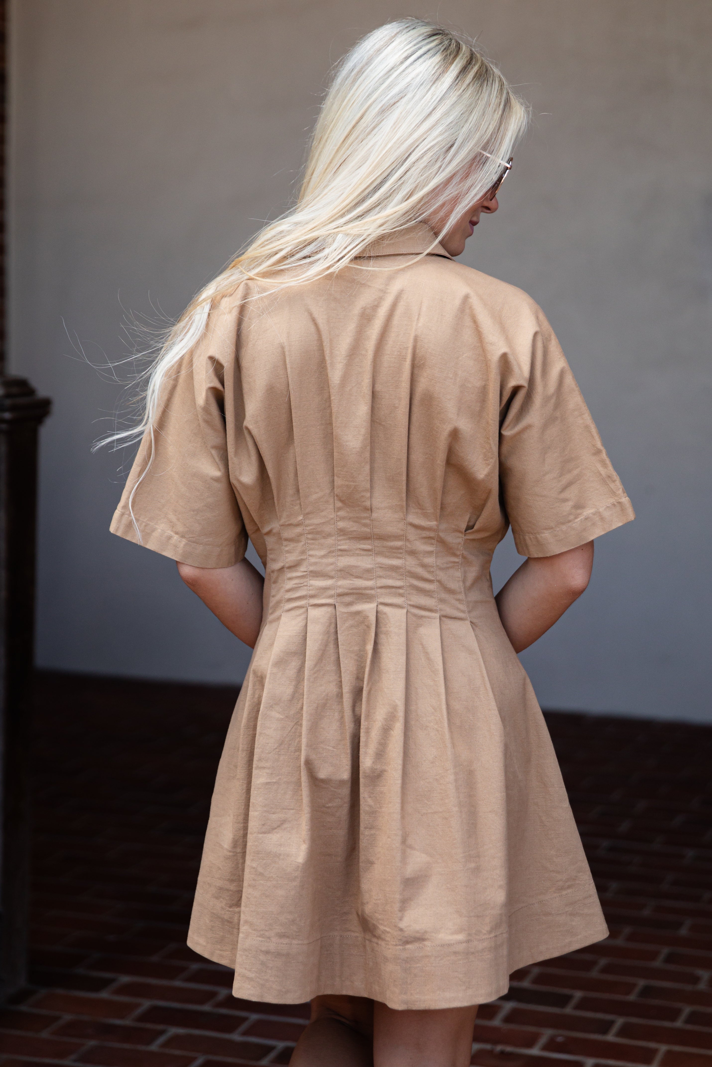 Chestnut Lane Taupe Button-Up Pleated Mini Dress