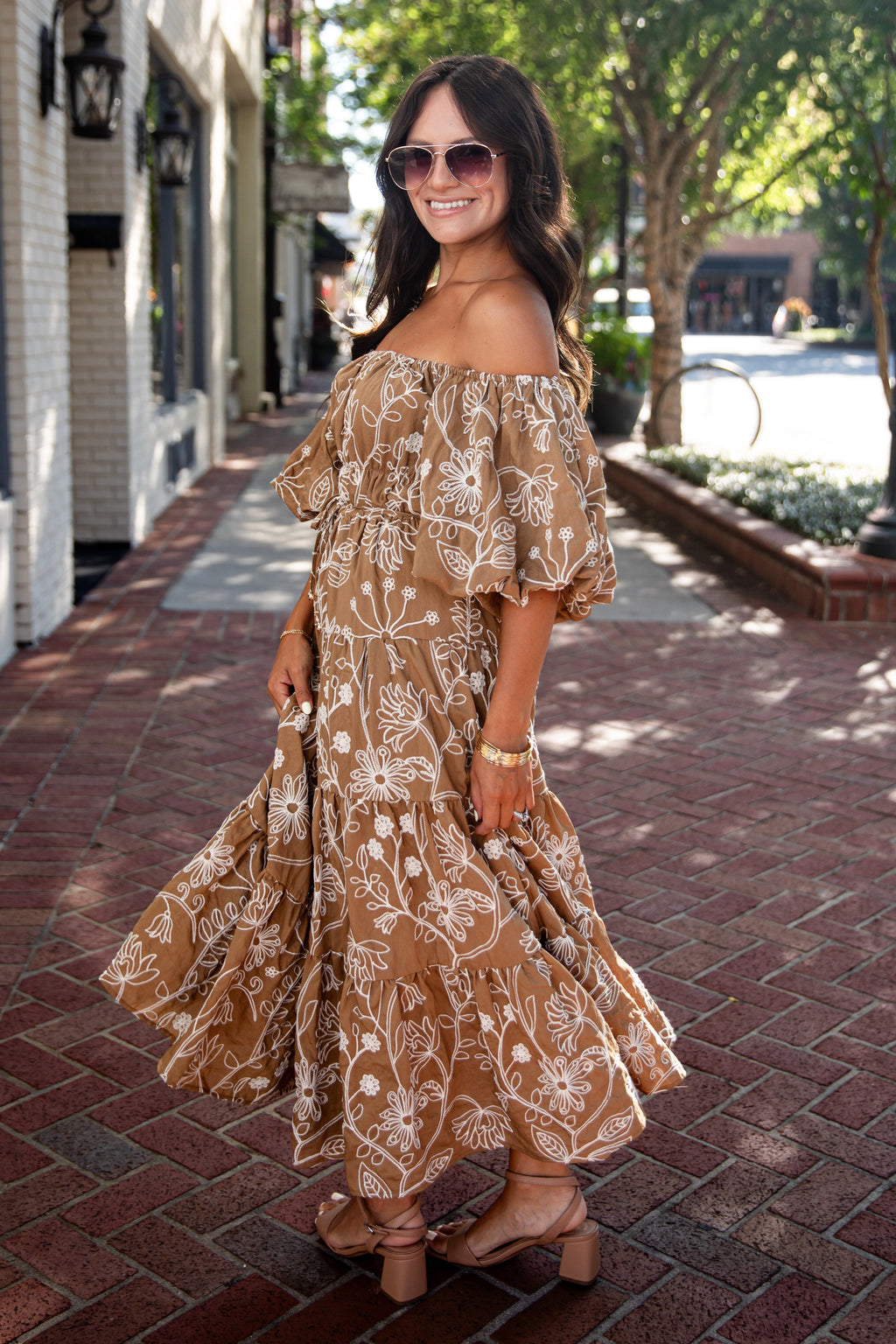 Autumn Meadow Taupe Floral Puff Sleeve Midi Dress